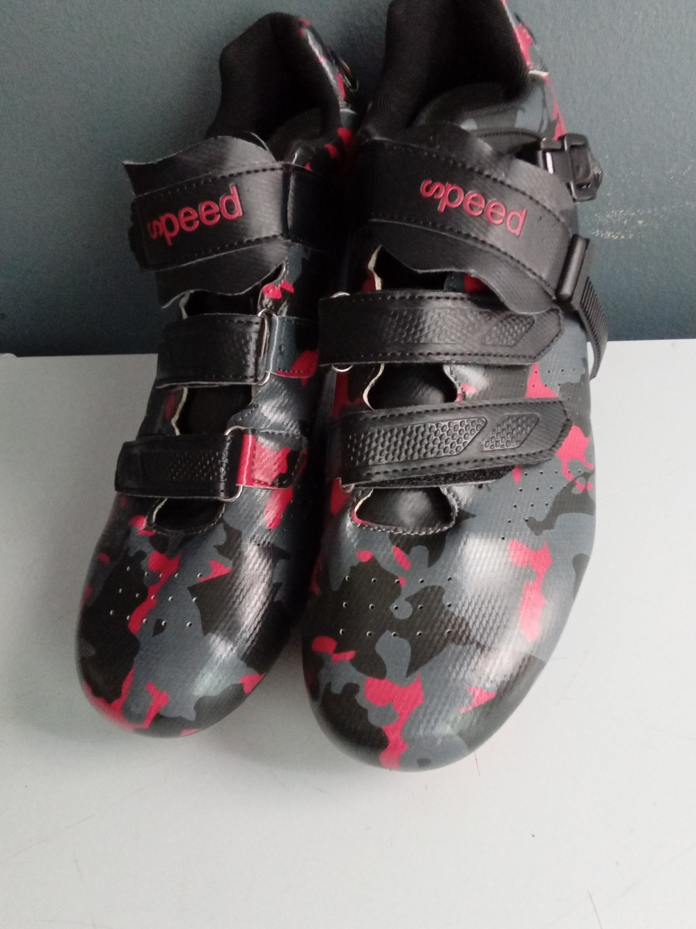 Speed Camo Road Cycling Shoes Red Black Camouflage 3-Bolt Cleats Mens 45